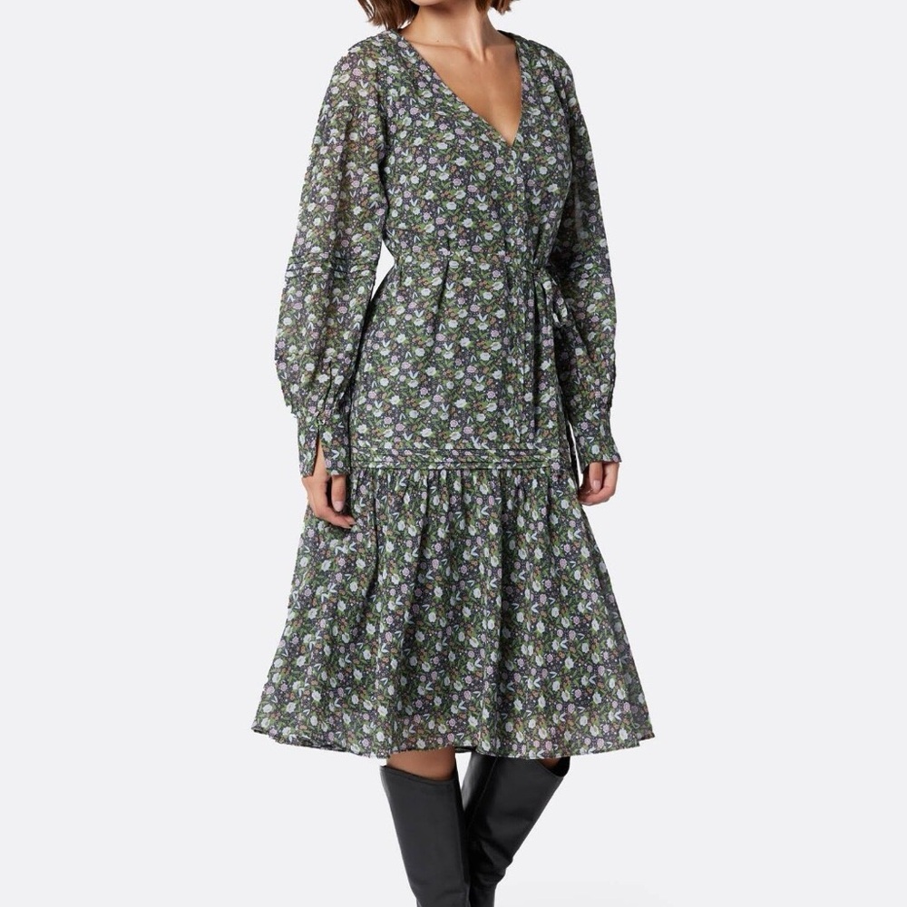 Joie Long Sleeve Floral Pattern Cottegecore Midi Ruffle Dress Women Size - 6 NWT